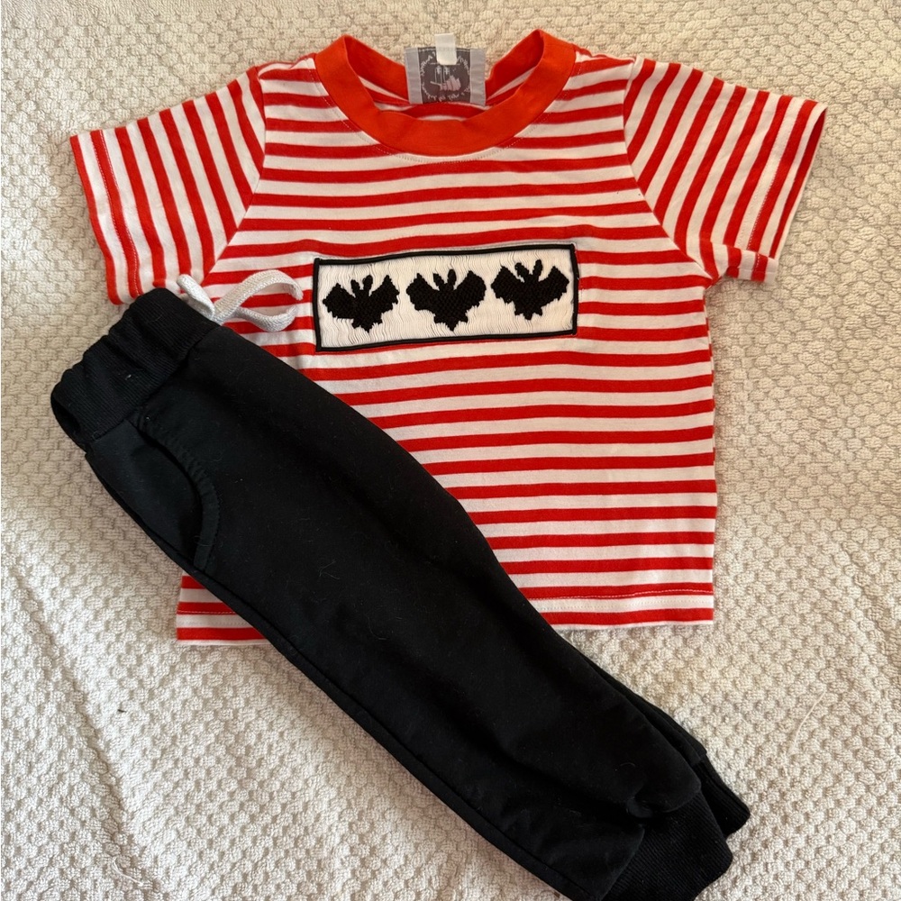 Smocked Orange & White Striped Tee with Black Bat Smocking and Black Joggers
